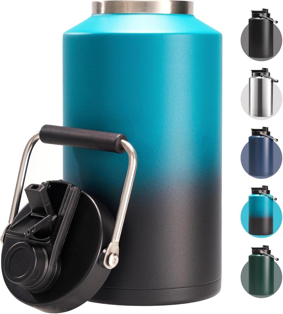 Fijinhom One Gallon Insulated Water Bottle for Travel: 2-in-1 Straw and Spout Lid, Keep Cold 24Hrs, Leakproof, 128oz Water Jug With Handle, Vacuum Stainless Steel for Sports, Hiking, Trip(Black&Blue)