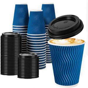 12 oz Insulated Paper Coffee Cups with Lids, 50 Pack Disposable To Go Cups for Hot and Cold Drinks, Triple Wall Paper & Ripple Design for Heat Retention