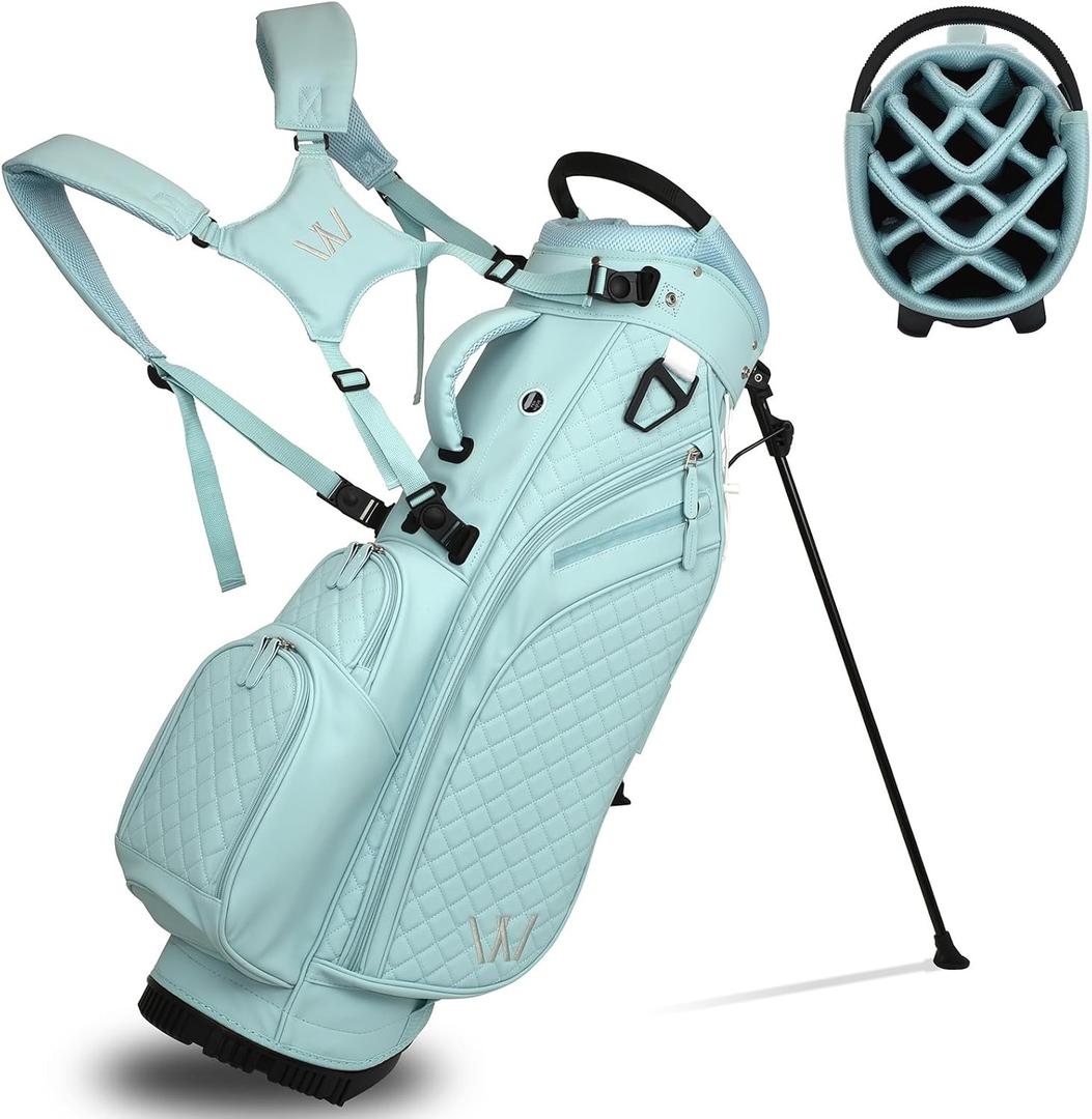 Luxury Womens Golf Bag, PU Leather Golf Stand Bag for Women/Ladies, 14-Way Full-Length Top Dividers, Ultra Lightweight, Large Pockets for Accessories