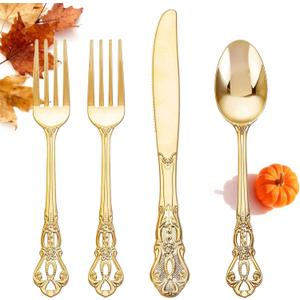 40PCS Gold Plastic Silverware - Heavy Duty Elegant Disposable Utensils - Gold Plastic Cutlery Set Includes 20 Forks, 10 Spoons, 10 Knives for Dinner, Parties, Weddings