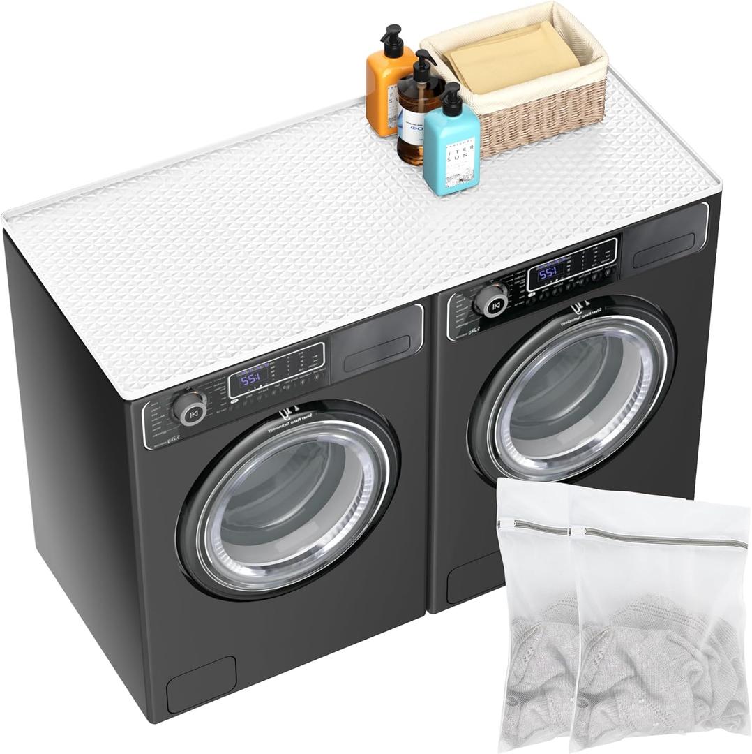 54" x 27.5" Silicone Washer Dryer Countertop Mat with 2 Laundry Bags  Non-Slip, Waterproof, Dustproof Cover for Laundry Room Organization & Surface Protection (White, Extra Large)
