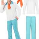 Halloween Costume Men Long Sleeve White Shirt and Pants Outfit with Scarf for Adult Cosplay Party (Medium, Blue)