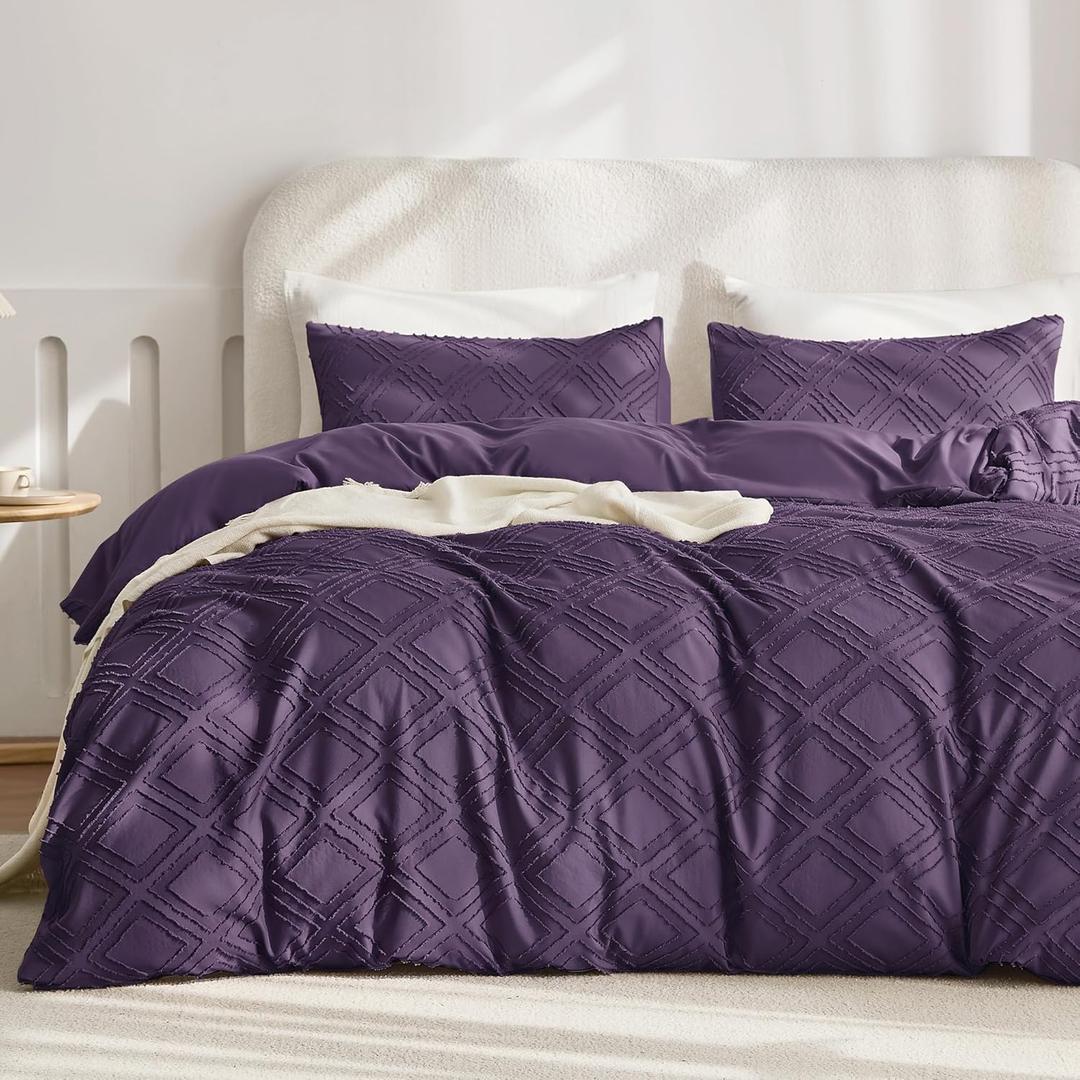 JELLYMONI Duvet Cover Queen Size Purple - 3PCS Boho Duvet Cover Set Plaid Polyester Tufted Bohemian Jacquard Knit Textured Comforter Cover 9090in Rhombic Geometric Pattern Zipper Corner Tie