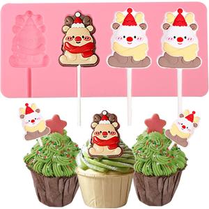 3 x 1 Pcs Christmas Party Cake Decoration Fondant Mold, Elk Candy Lollipop Silicone Mold for Chocolate Cookie Flower Paste Dough Gum Mousse Clay Resin Plaster Easy to Clean and Demold