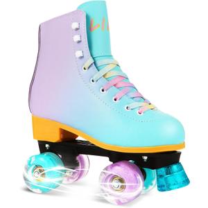LIKU Quad Roller Skates for Girl and Women with All Wheel Light Up,Indoor/Outdoor Lace-Up Fun Illuminating Roller Skate for Kid (Purple, Size 5-6)