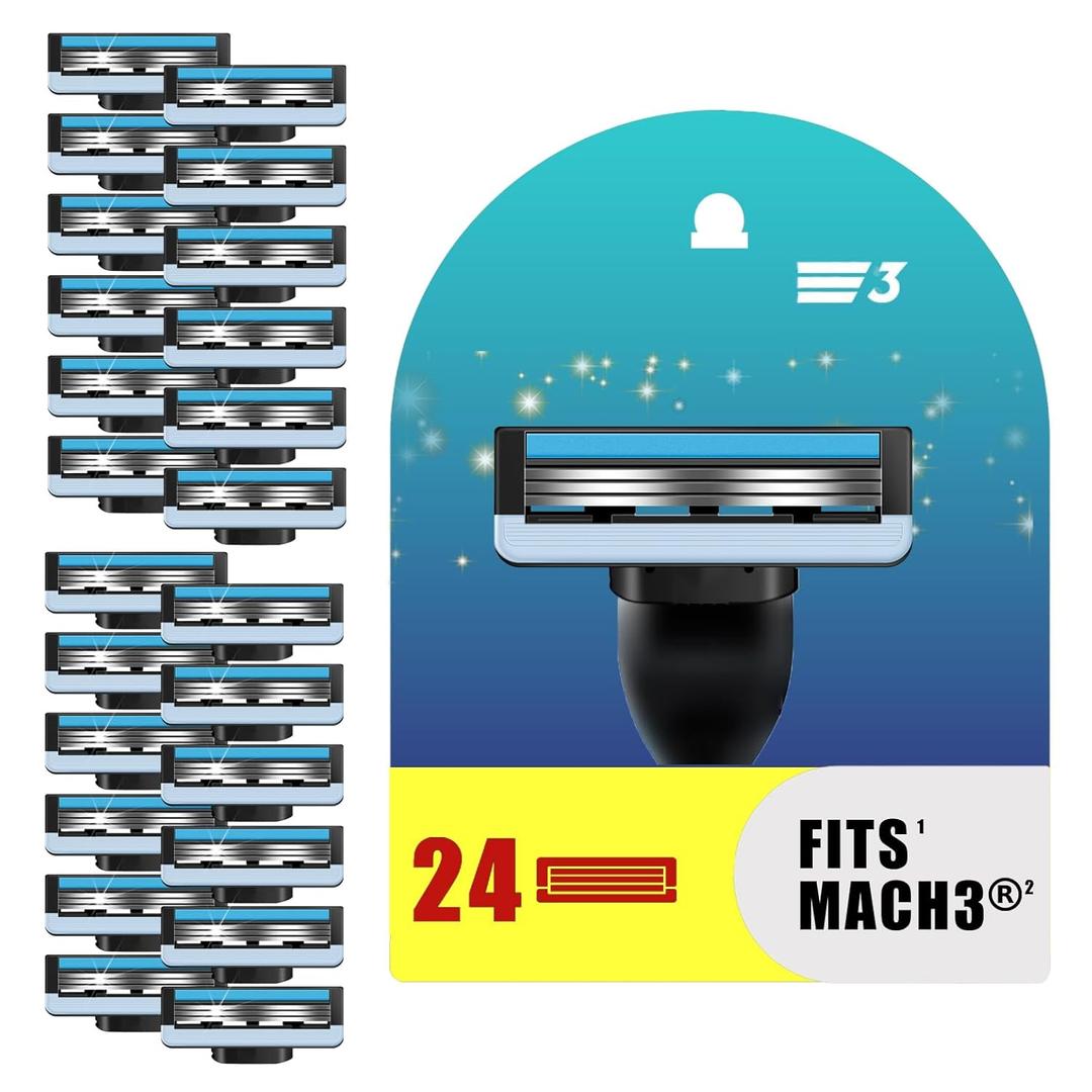 Mach 3 Razor Blade Refills for Men - 24PCS Compatible With Mach3 Razors, Triple-layer Manual Compatible with Mach 3 Razor Blades Refills Pack, Precisi