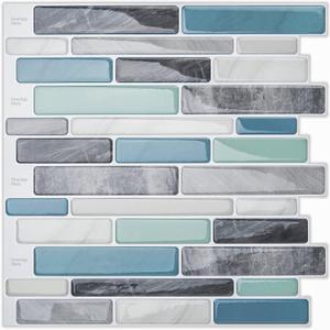 LONGKING Self-Adhesive Kitchen Backsplash, Marble Look Decorative Tiles (10 Tiles) (Blue)