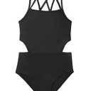 Century Star Girls' One Piece Swimsuits 2025 for Teens Bathing Suits Cut Out Swimwear Sport Cute Tween Kids 10-15 Years UPF 50+ Black 14-15 Years, S