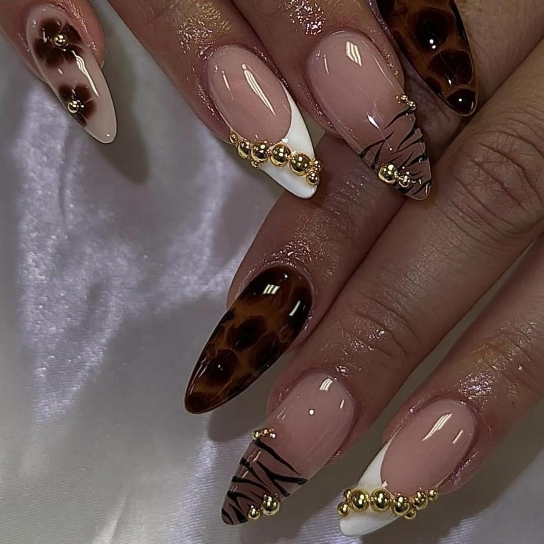 French Tips Press on Nails Medium Almond Nails Press on with 5D Rhinestones Flower Charm Design Glossy Brown Leopard Glue on Nails Tortoise Shell Fake Nail Fall Winter Nail for Women Manicure 24Pcs (Color20)