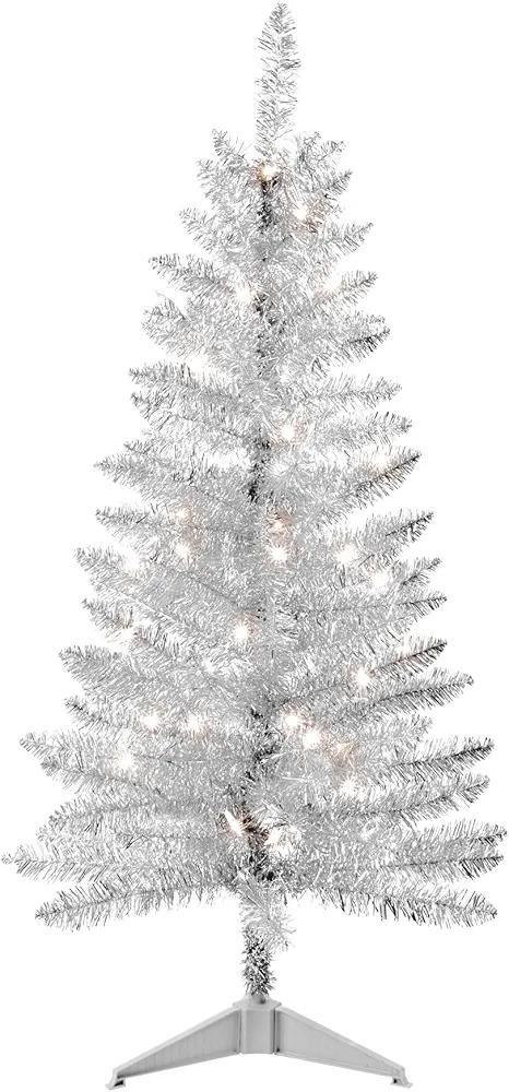 4ft Artificial Christmas Tree with Lights, Indoor & Outdoor Christmas Tree with 50 Warm White Lights, Xmas Pine Tree for Home Office Party Decor, Silver Tinsel