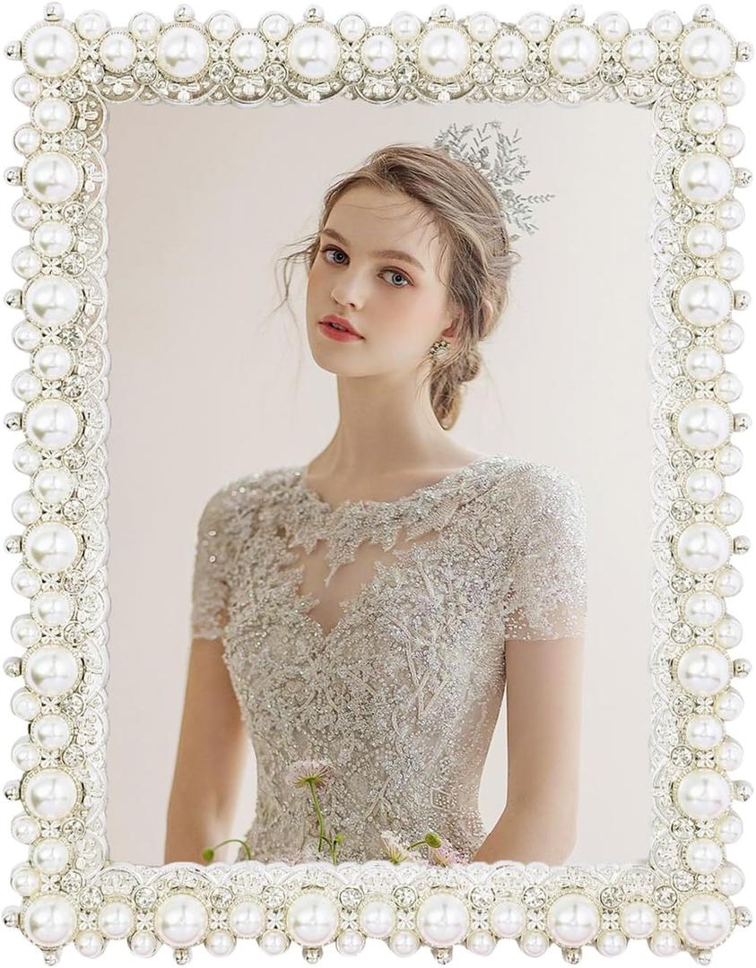 DIKAR 5x7 picture frame with Pearls and Rhinestones for Wedding Gifts, Wedding Picture Frame for Tabletop&Wall Mounting Display