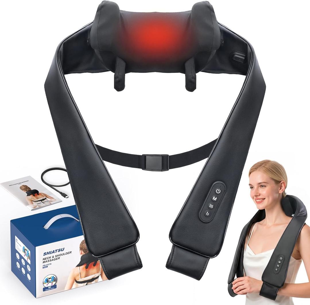 Cordless Neck Shoulder Massager with Heat, Deep Tissue Shiatsu Kneading for Pain Relief, Upgraded Straps Portable for Home Office Travel, Ideal Gifts for Men Women Mom Dad