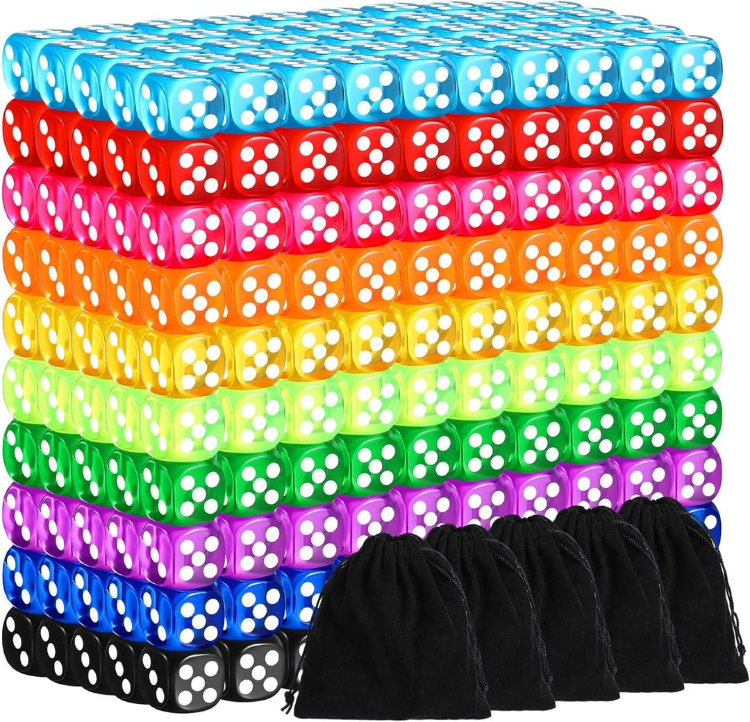500 Pieces Colored Dice Set 12mm 6 Sided Bulk Dice with 5 Pieces Drawstring Pouches Mini Dice Bulk for Board Dices Game Classroom Teaching Math Learning, 10 Color(Classic Color)