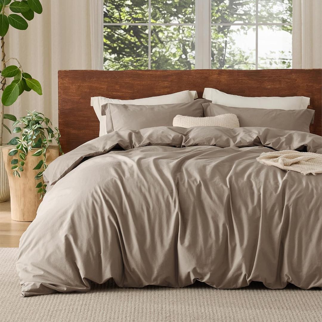 Bedsure 100% Washed Cotton Duvet Cover Queen Size - Light Brown Minimalist Cotton Duvet Cover Linen Like for All Seasons - Gentle Soft Plain Simple Bedding, 3 Pieces (Light Brown, Queen, 90"x90")