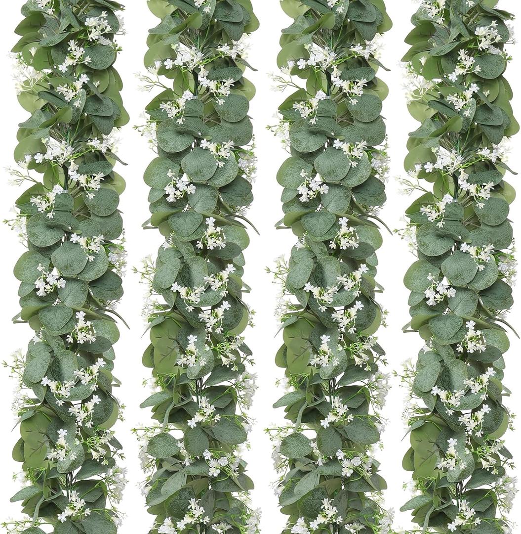 KHOYIME Eucalyptus Garland with White Flowers, 4 Packs 5.9Ft Artificial Silver Dollar Eucalyptus Leaves Plant Fake Greenery Hanging Ivy Vines Faux Wreath for Wedding Arch Party Mantle Table Home Decor