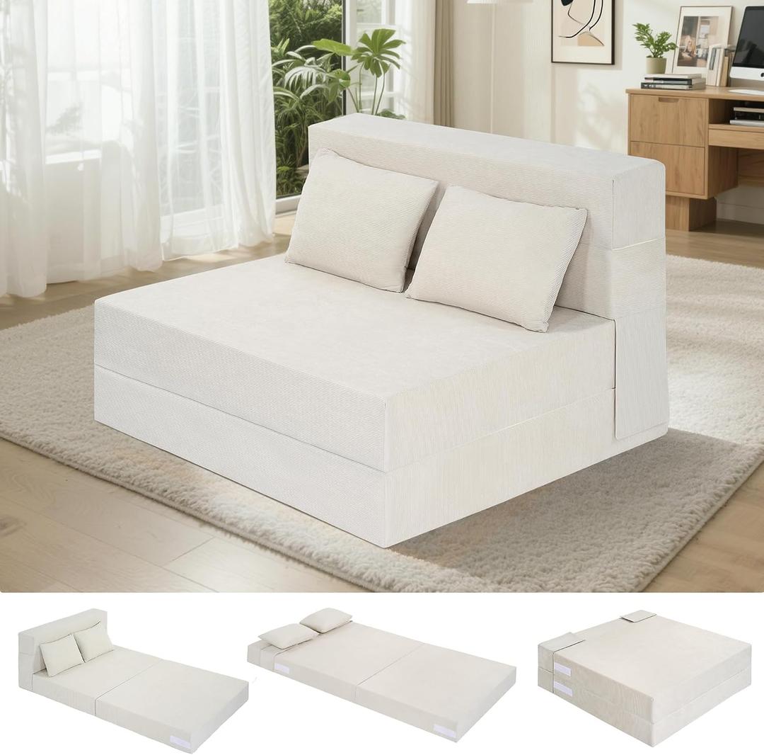 Fvkind Folding Sofa Bed, 4 in 1 Convertible Sleeper Sofa Bed Chair with Pillow, Twin Memory Foam Loveseat Futon Sleeper Chair, Foldable Futon Couch for Living Room, Bedroom, Guest Room, Beige