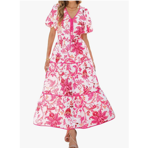 PRETTYGARDEN Women Summer Boho Maxi Dresses 2025 V Neck Puff Short Sleeve A-Line Flowy Tiered Floral Wedding Guest Dress large, White Rose Red Flower