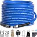 NIFUAL Sewer Jetter Kit 25FT for Pressure Washer,5800PSI Drain Cleaner Hose for 1/4 Inch NPT Corner Rotating and Button Nose, Sewer Jetting Nozzle Pearl Corsage Pin Waterproof Tape with 2 Spanner