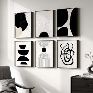 Framed Boho Black and White Abstract Wall Art, Set of 6 Modern Canvas Prints Paintings Artwork for Walls, Minimalist Geometric Pictures for Living Room Bedroom Office Bathroom Wall Decor 11x14 Inch