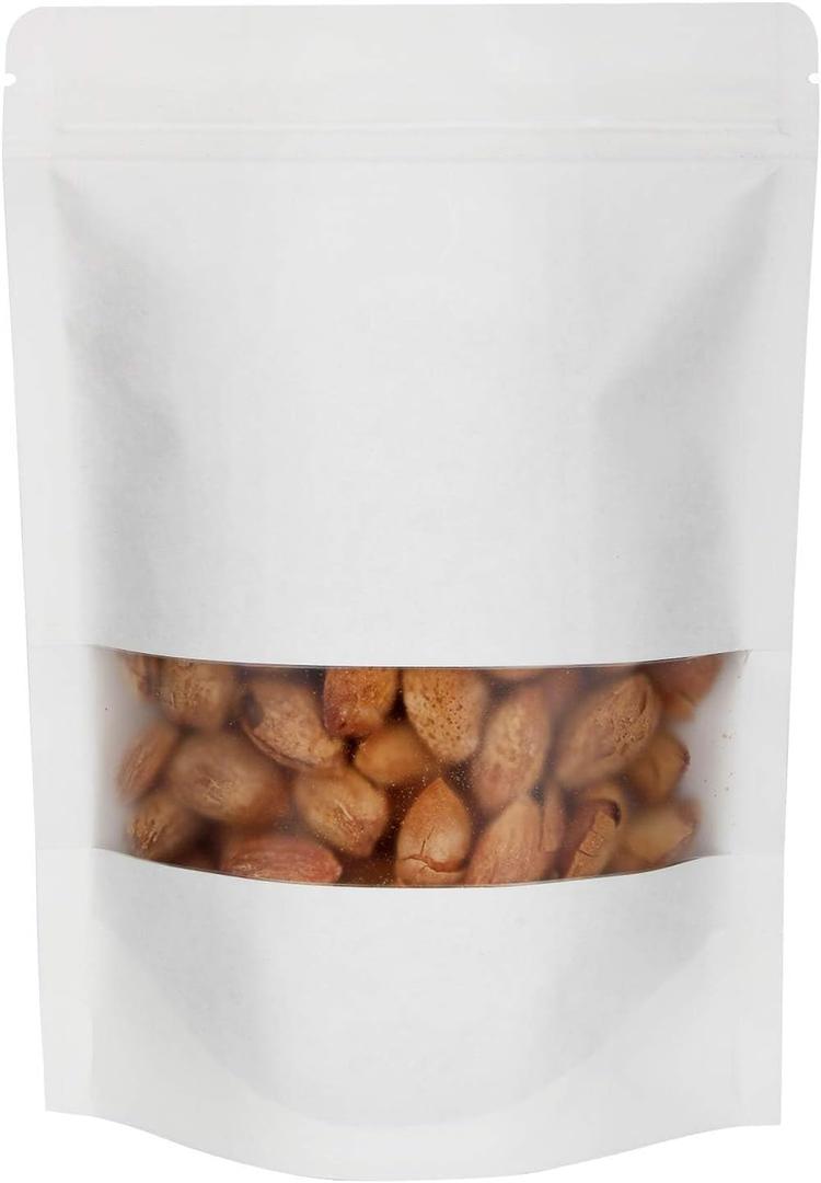 Blisstime 50 Pieces Resealable Bags for Small Business, White Kraft Paper Stand Up Pouches with Matte Window Reusable Heat Sealable Bags for Packaging (3.9 X 5.9 Inches)
