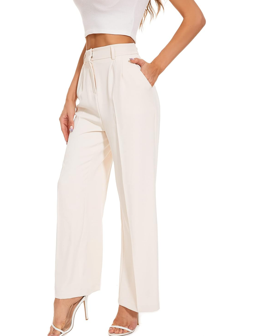 FUNYYZO Wide Leg Pants Women's High Elastic Waisted in The Back Business Work Trousers Long Straight Suit Pants, Size Medium