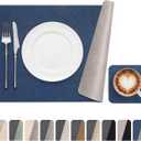 Dual-Sided Two-Tone Vinyl Placemats Set of 4 with Coasters, 12x17 Inch - Waterproof Faux Leather Table Mats,Heat Resistant Washable Wipeable Place Mats for Kitchen Dining, Navy Blue/Light Gray