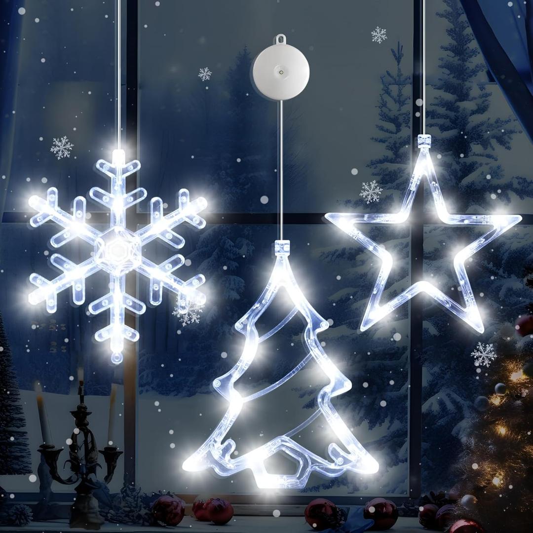 3Pack Christmas Window Lights Decorations with Timer, Battery Powered Hanging White Lighted Snowflake Tree Star Shaped LED Sucker for Xmas Tree Fireplace Indoor Decor