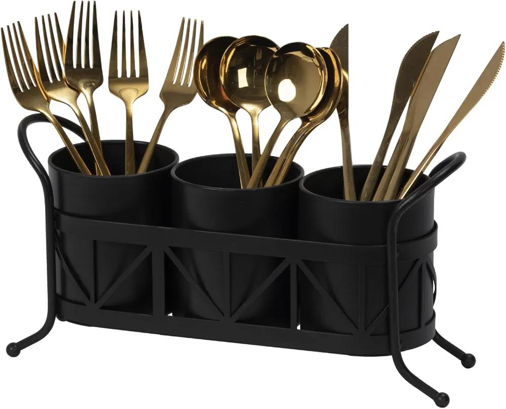 Kitchen Utensil Holder, Silverware Cutlery Organizer, Versatile Flatware Caddy Storage for Forks Spoons Knives, Perfect for Countertop Party Camping - Black Round
