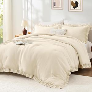 FUANNA Full Size Comforter Sets Cream White, 3 Pieces Ruffle Full Size Bedding Sets, Fluffy Bed in a Bag Full for All Seasons, Shabby Chic Full Bed Set with 1 Lightweight Comforter & 2 Pillowshams