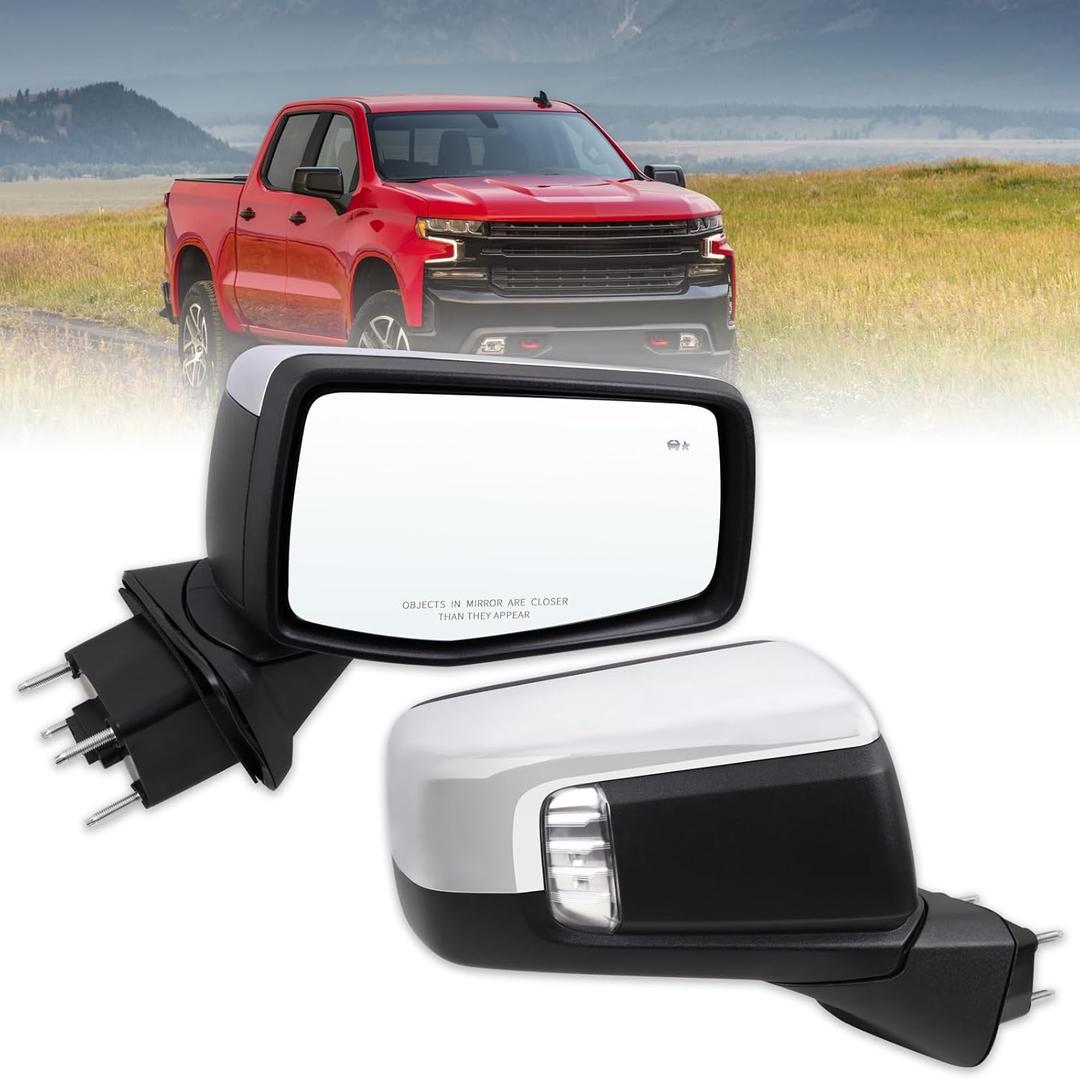 Right Passenger Side Mirror Compatible With 2019-2025 Chevy Silverado 1500 With Power Glass Manual Folding Temperature Sensor Turn Signal Heated Blind Spot Chrome Replace#GM1321586(9Pins)