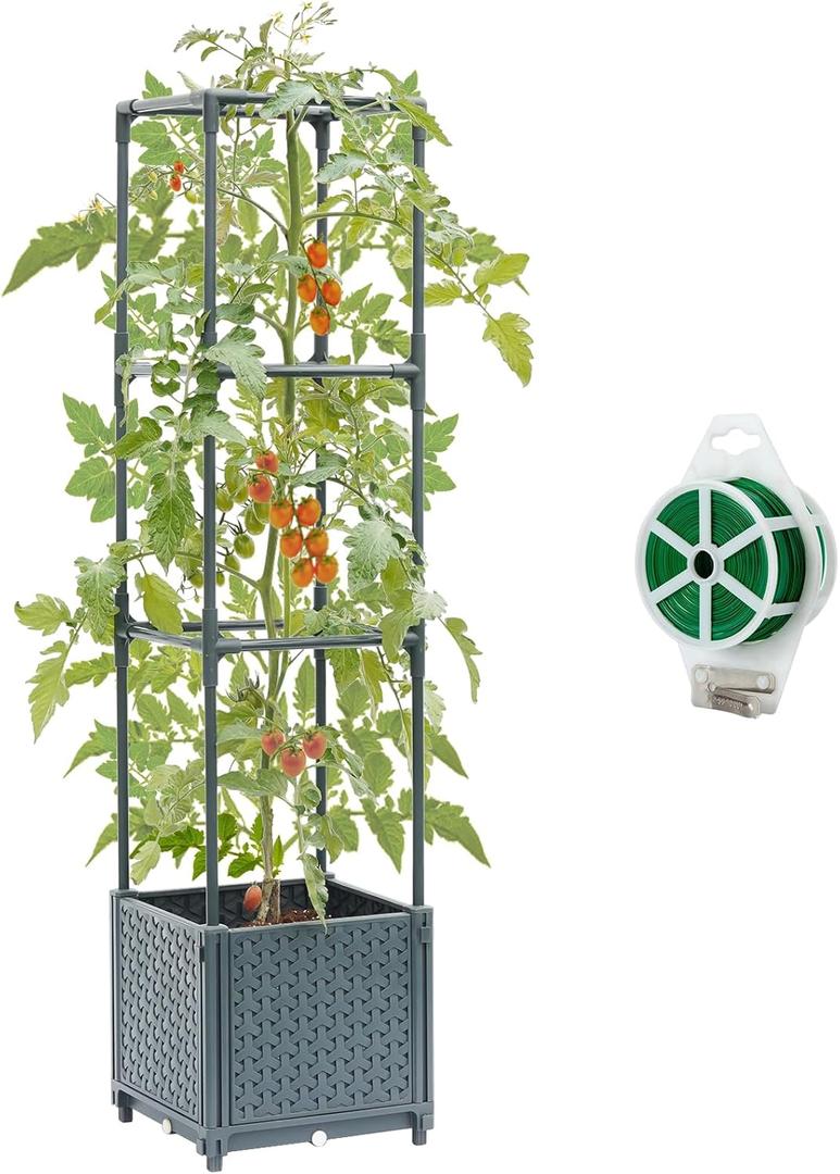Raised Garden Bed with Tomato Planter Cage, Trellis Planter Boxes for Outdoor Patio Greenhouse Gardening Climbing Vegetables (9.84*9.84*41.3 inch)