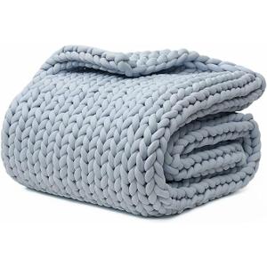 YnM Velvet Weighted Blanket, Handmade Chunky Knitted Design, Soft and Cozy, Temperature Regulating and Breathable, Machine Washable Throw for Sleep or Home Decor (Blue, 60x80 Inch, 15lbs)