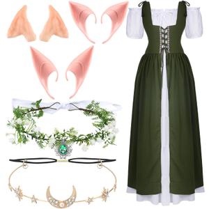 Bonuci 6 Pcs Women Renaissance Fairy Costume Halloween Cosplay Outfit Medieval Victorian Dress Elf Ears Fairy Headpiece Set (Light Green)
