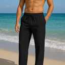 PIDOGYM Mens Cotton Linen Pants, Summer Beach Pants Casual Loose Fit with Elastic Waist Drawstring (Black, S)