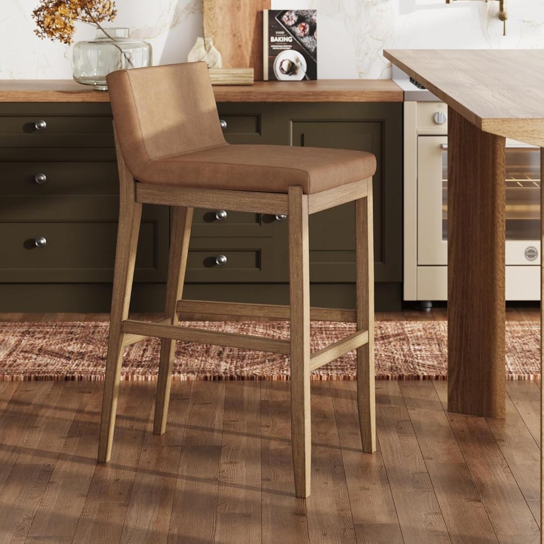 Nathan James Gracie Modern Upholstered Bar Chair, Wooden Bar Stool for Kitchen Island with Faux Leather Upholstery, Light Brown