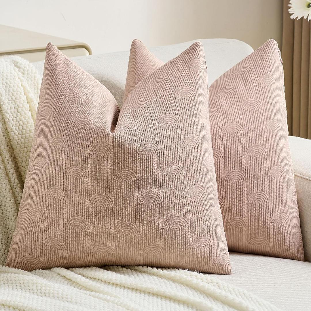 FUTEI Valentine's Day Pink Chenille Decorative Throw Pillow Covers 22x22 Inch Set of 2,Soft Cozy Striped Geometric Patterns Cushion Case,Modern Home Decor for Couch Bed Living Room