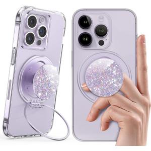Typecase Magnetic Phone Grip: Ultra Thin Cell Phone Ring Holder - Adapter Ring Included - Adjustable Finger Ring Kickstand Compatible with Phone Tablets - Purple Glitter