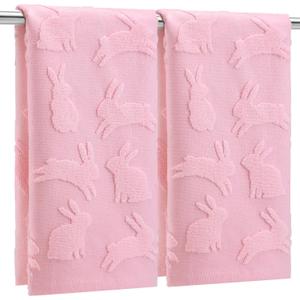 Tudomro 2 Pcs Easter Bunny Hand Towels for Bathroom 100% Cotton Bath Towel Pink Jacquard Soft Absorbent Kitchen Towel Dish Washcloth for Kitchen, 13.8 x 29.5 Inch