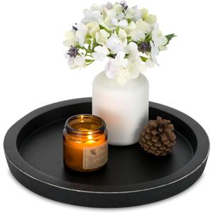 Hanobe Wooden Tray for Coffee Table: Candle Holder Plate Black Round Decorative Serving Tray - Vintage Table Centerpiece Rustic Farmhouse Home Decor
