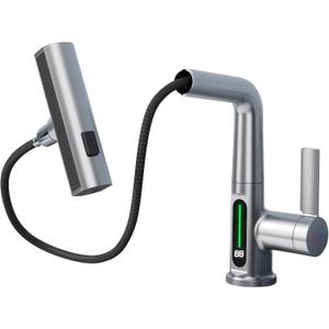 BARROCK Waterfall Bathroom Faucets with Sprayer, Modern Pull Down/Out Bathroom Sink Faucet with Fahrenheit Digital Temperature Display, Height Adjustable Basin Tap No Battery Needed, Brushed Nickel