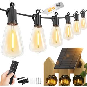 Brightown 52FT Solar String Lights Outdoor Waterproof with Remote, 15+1 LED Shatterproof Bulbs, Dimmable & Timable, 3 Light Modes - Commercial Grade Patio Lights for Garden Backyard Party Decor