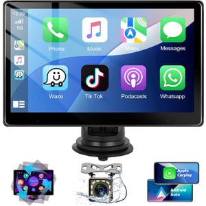 podofo Portable Car Stereo with Wireless Apple Carplay, 10.1" Touch Carplay Screen for Car Bluetooth Audio Receivers Smart Player with Android Auto Backup Camera, GPS Navigation, Mirror Link, AUX/FM
