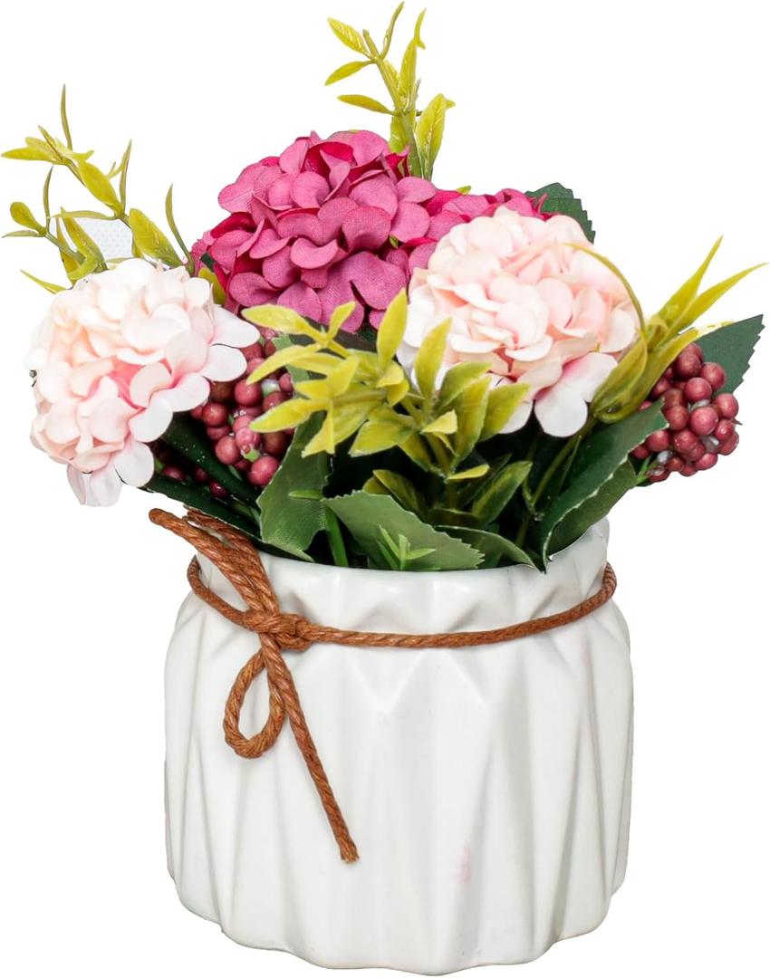 Artificial Hydrangea with Vase Mini Fake Flower Balls Flowers Decoration Fake Plant in Vase for Table Home Office Desktop Decorations (One Size, red)