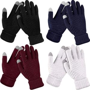 Geyoga 4 Pairs Women's Winter Touch Screen Gloves Soft Warm Fleece Lined Knit Elastic Cuff Texting Gloves (Black, Wine Red, White, Navy Blue)