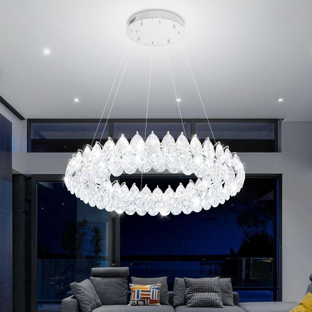 Modern Chrome Crystal Chandelier, 32" Round LED Pendant Lighting Fixture, Luxury Large Crystal Ceiling Light for Dining Room Living Room Foyer Staircase (Silver)