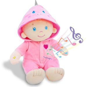 June Garden 12" Musical Sweet Dolly Dinopuff - Interactive Stuffed Ultra Soft Talking Baby Doll for Birth and Up - Removable Pink Dinosaur Outfit