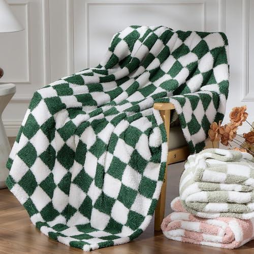 NEWCOSPLAY Knitted Dark Green White Checkered Blanket Super Soft Plush Throw for Couch Fuzzy Fluffy Microfiber Lightweight Blanket for Bed Sofa All Season Use (Dark Green White, Throw(50"x60"))