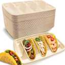 50 Pcs Disposable Taco Holders for Party, Premium Paper Taco Plates with 3 Dividers, Fiesta Taco Holder Trays Stand Rack Serving Set for Taco Tuesday Taco Bar