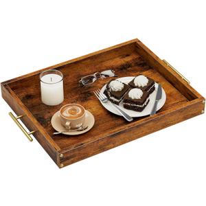 TEMI Serving Tray with Gold Handles  Rustic Brown Wood Finish, 16.5" x 13.8" Waterproof Decorative Tray for Ottoman, Coffee Table, or Kitchen