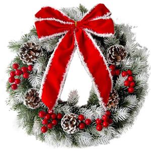 Pre-Lit Artificial Christmas Wreath,Decor with Pinecones Pine Needles Branches Red Berry Mini Bow for Front Door (Red, 15.75 inch)
